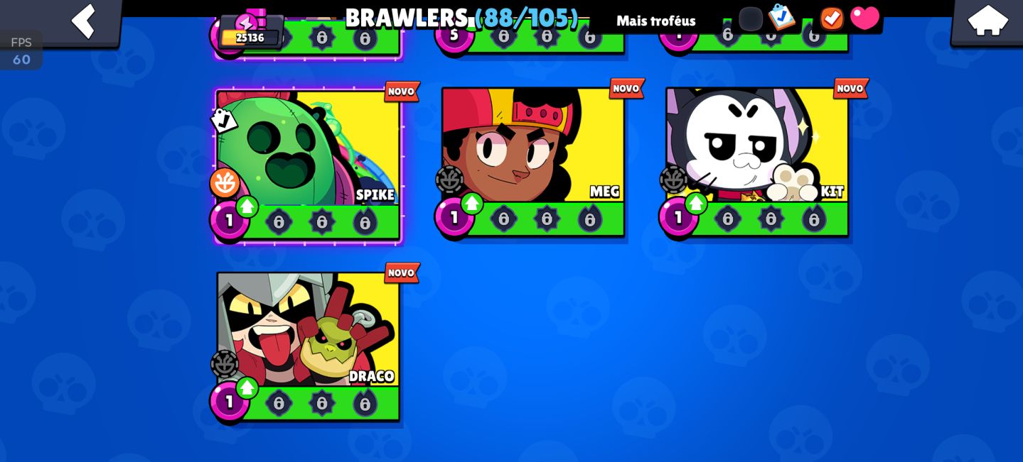 25k de troféu, Todos os lendários 88 brawler, 17 hipercarga e 6 buffs completos