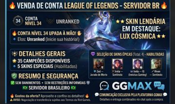 CONTA LEAGUE OF LEGENDS NÍVEL 34 SKIN - Lux Cósmica