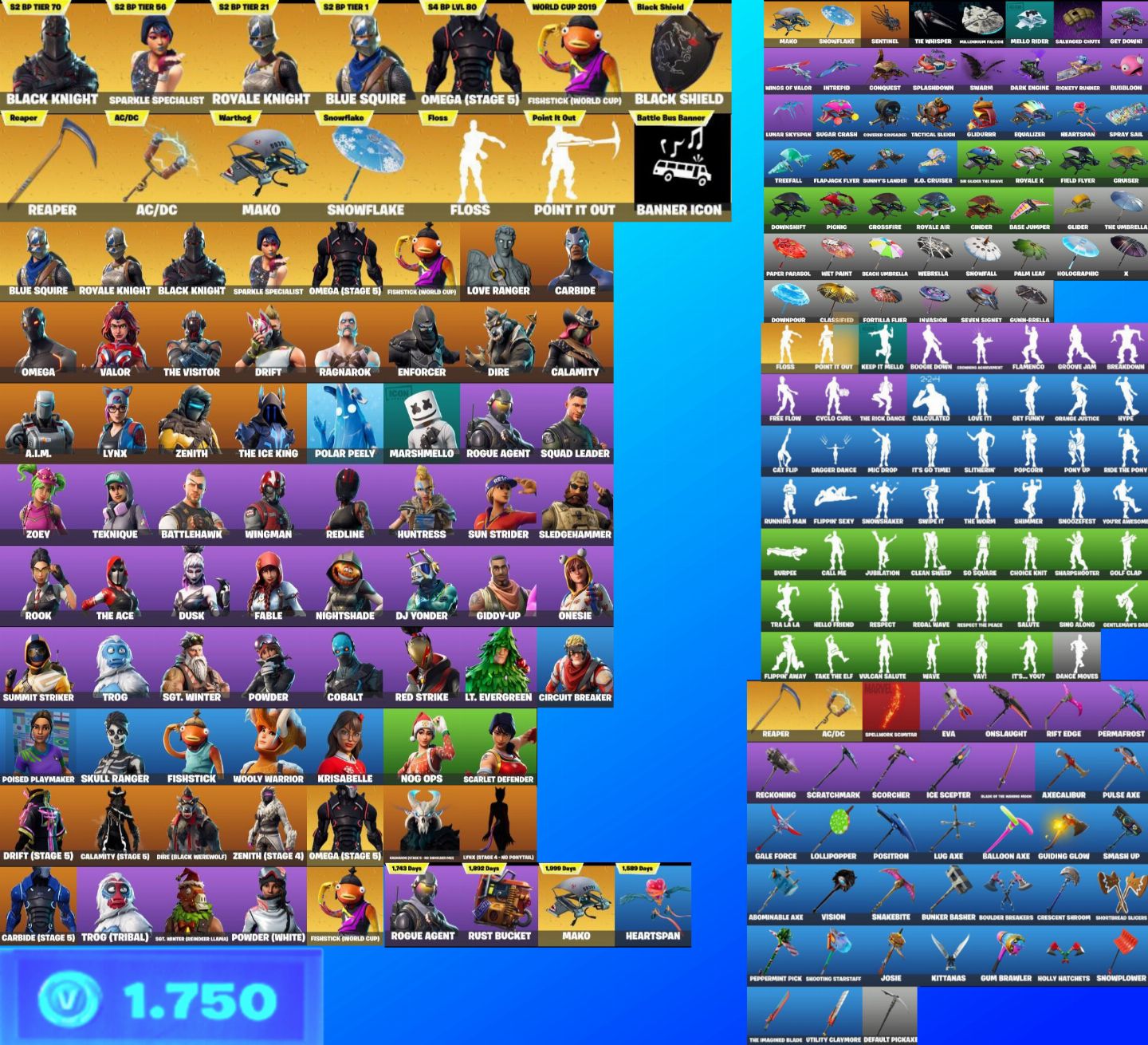 Conta Fortnite+ CAVALEIRO NEGRO, MAKO, PEIXOTO WC, DANÇAS RARAS + 1750vbucks