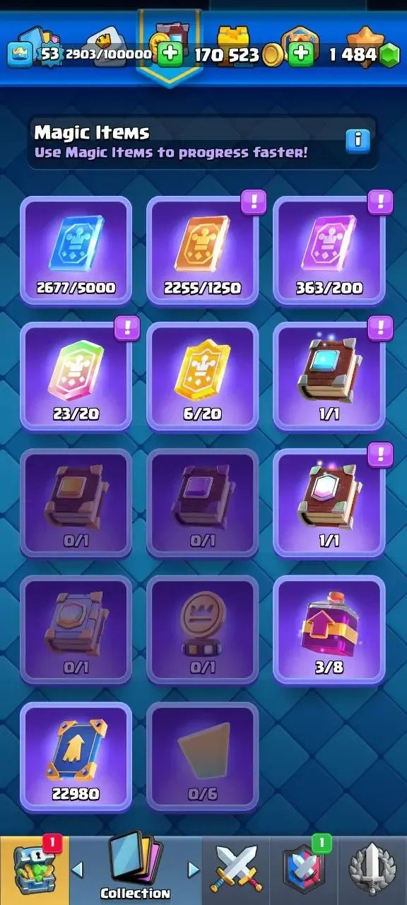 Conta Clash Royale nível 53, 9134 troféus, 48 cartas máx, 95 emotes, 1484 gemas