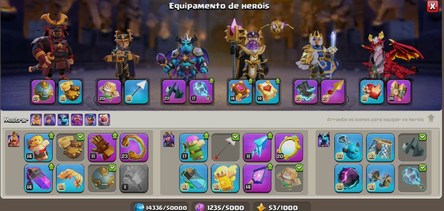 Clash of Clans CV18 muito bem upado - skins raras de heróis TKG