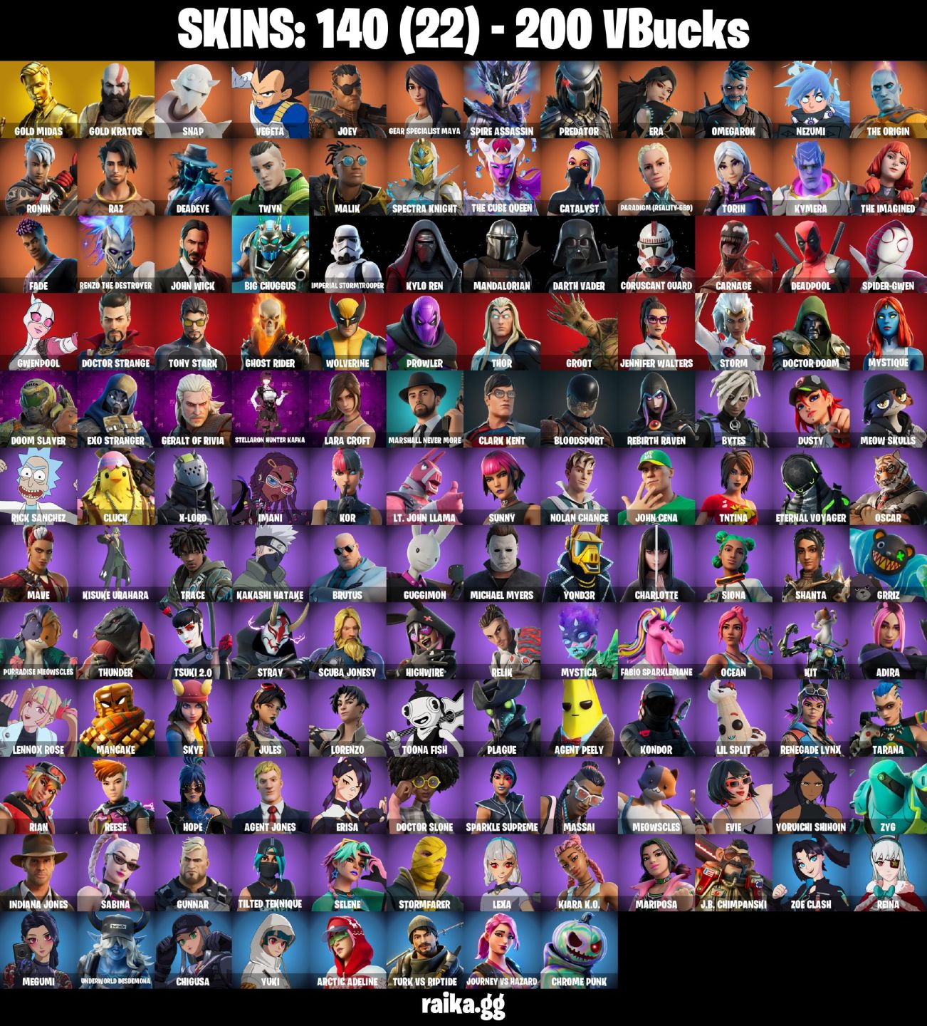 140 Skins - Leviathan Axe, Gold Kratos, Gold Midas, Tony Stark, 200 vbucks