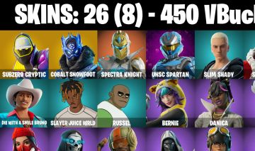 26 Skins - subzero cryptic, cobalt snowfoot, spectra knight, 450 vbucks