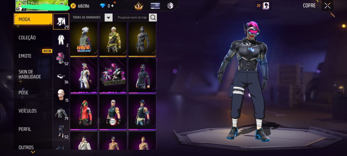 Conta Free Fire Nv 55 - MP40 Evolutiva Lv 3, Skin Kakashi (Naruto), Gel Tanjir..