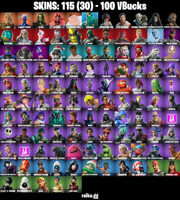 115 Skins - Doom, Solid Snake, War Machine, Gwenpool, Emma Frost, 100 vbucks