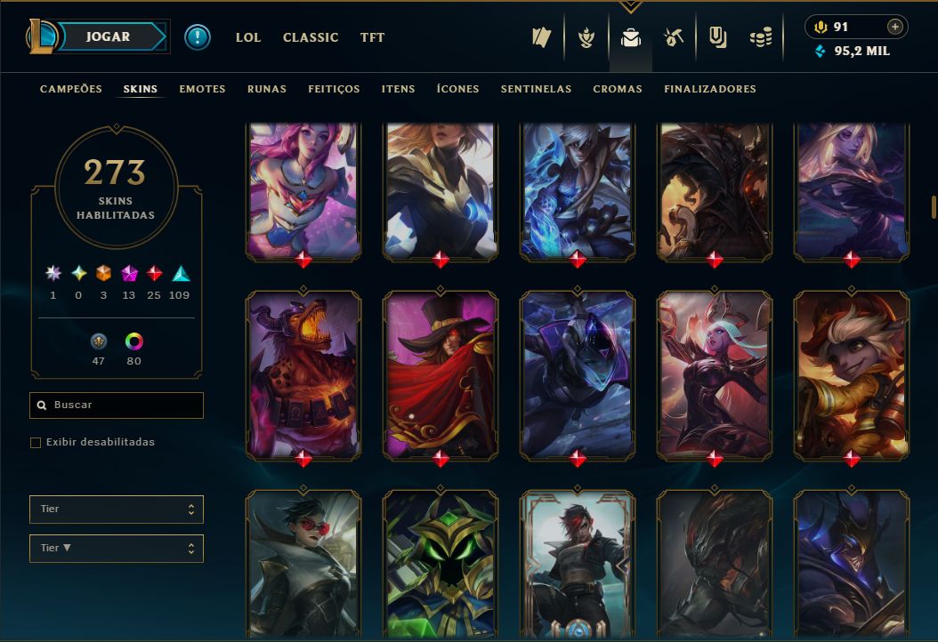 Conta com +5k gastos, 273 skins, todos campeoes. (Skins de tfte valorant tbm)