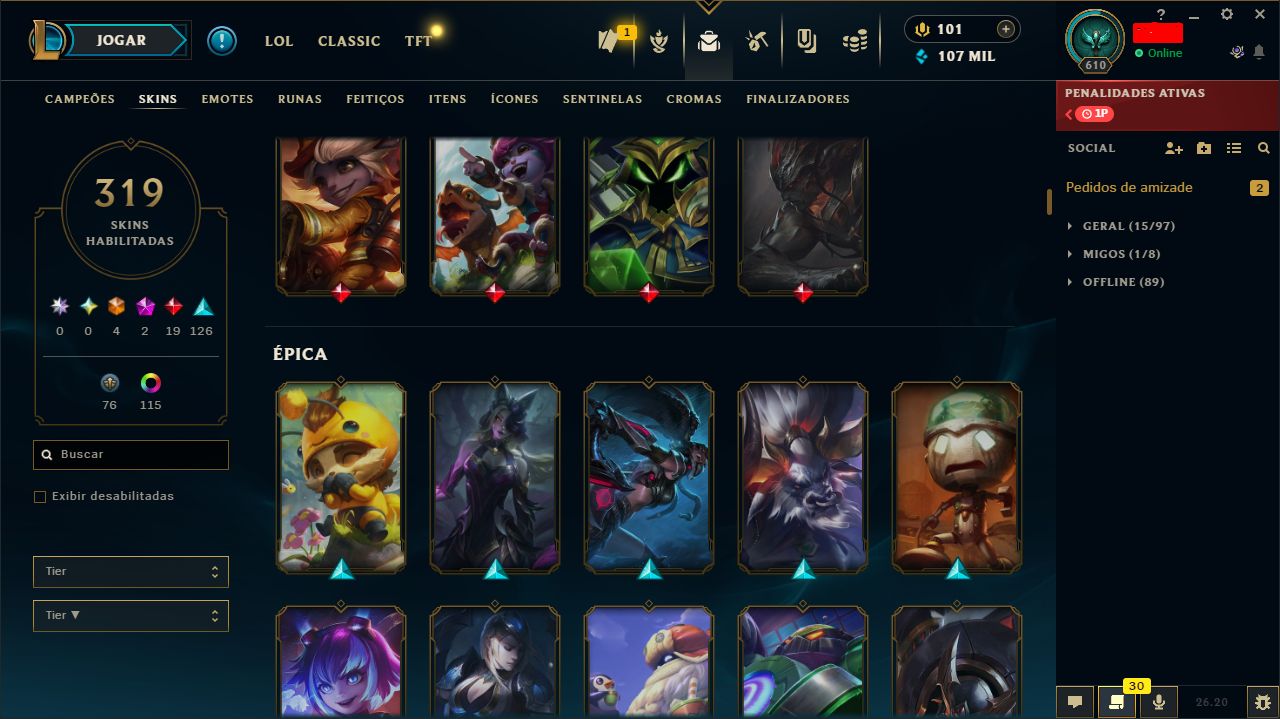 Conta lol Esmeralda - main sup/adc +300 skins e +100 cromas com icones raros.