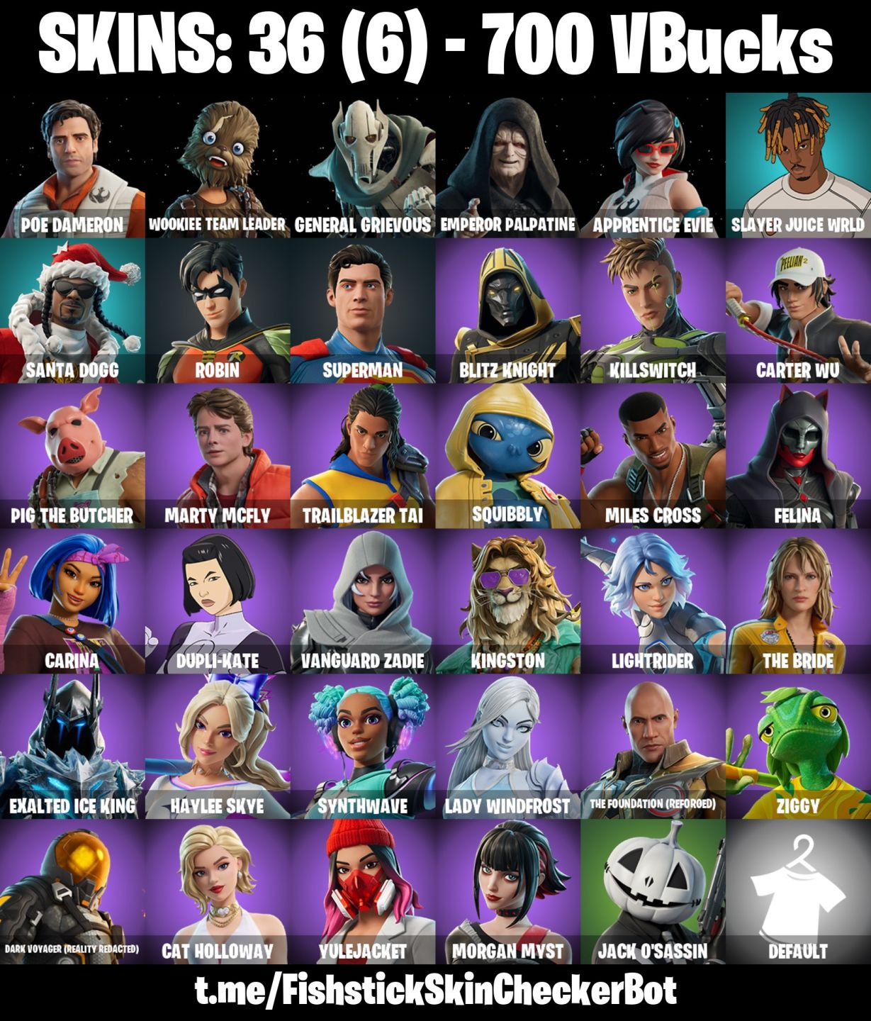 Conta Fortnite com Poe Dameron | Wookiee Team Leader | General Grievo e 36 Skins