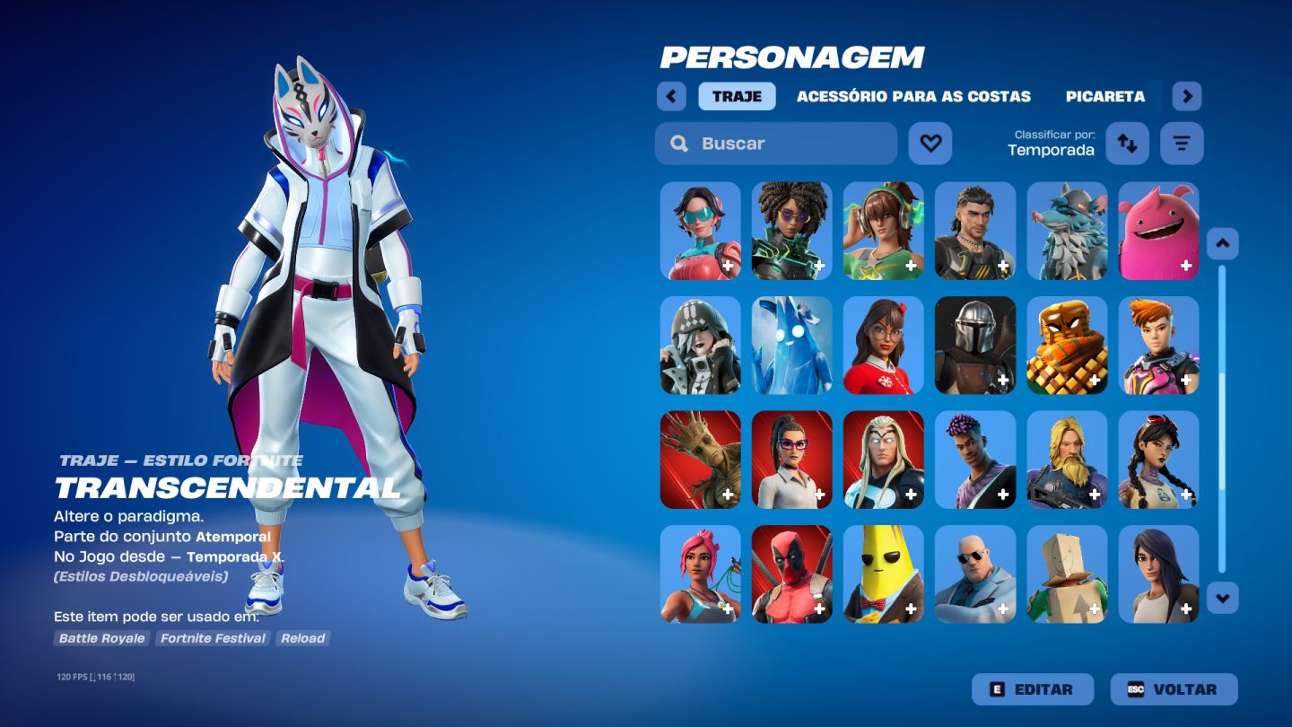 Conta Fortnite com Transcendental e outra skins da Temporada X e mais temporadas