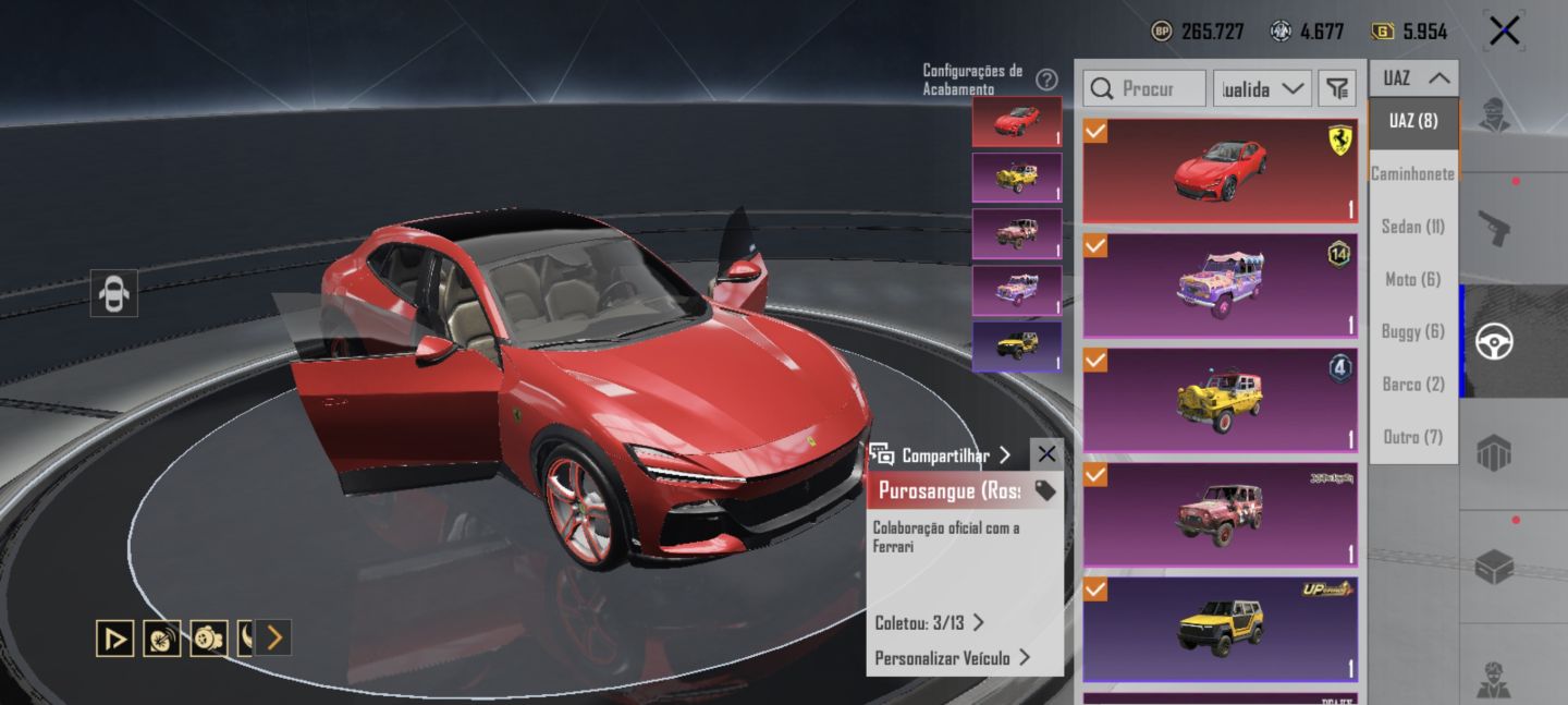 Conta PUBG Mobile Nv. 65 com 4 Colaborações de Carros Ferrari, Porsche, Lotus...