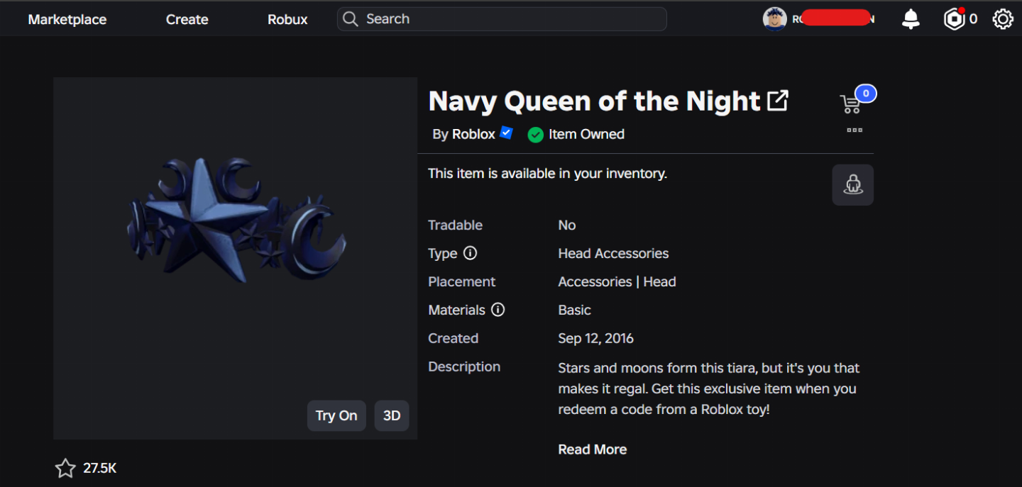 CONTA ROBLOX ANTIGA 2018 COM TOYCODE NAVY QUEEN OF THE NIGHT [UNVERIFIED]