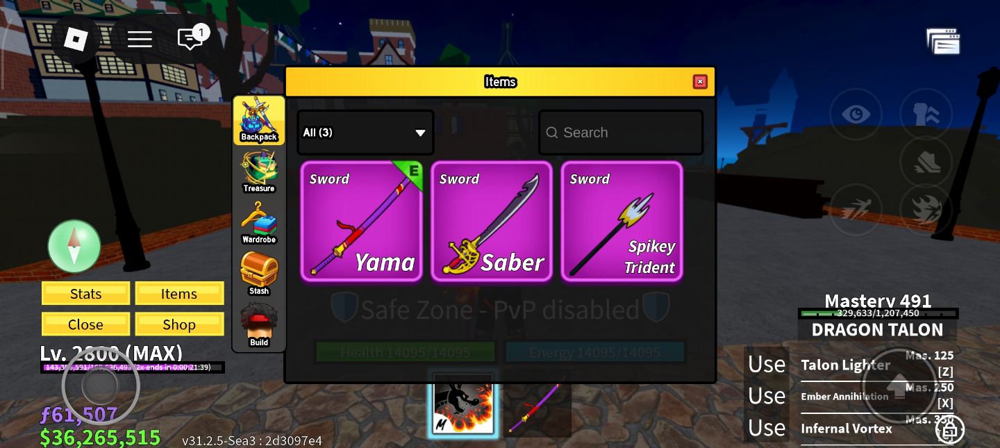 Blox Fruits LVL MAX 2800 | YAMA + SABER | 36M BELI | 61K FRAGS| ITENS RAROS B001