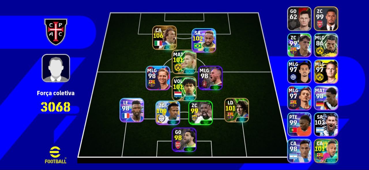 Conta de efootball inicial com Del Piero e Neymar bliz curler