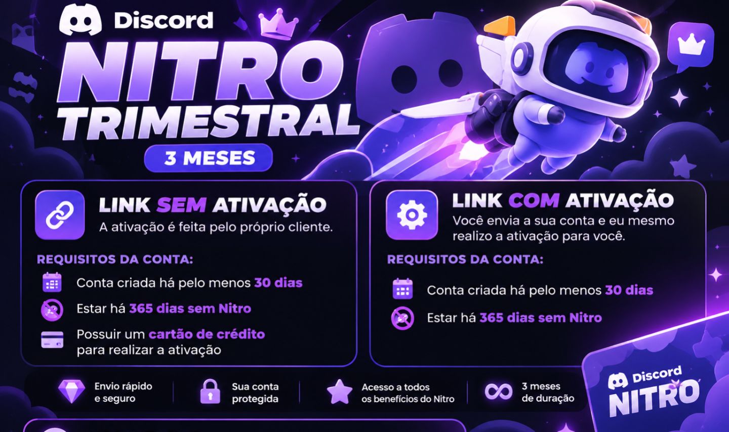 PROMOCAO MAIS BARATA DO MUNDO! DISCORD NITRO TRIMENSAL 3 ( MESES ) ENTREGA AUTO!