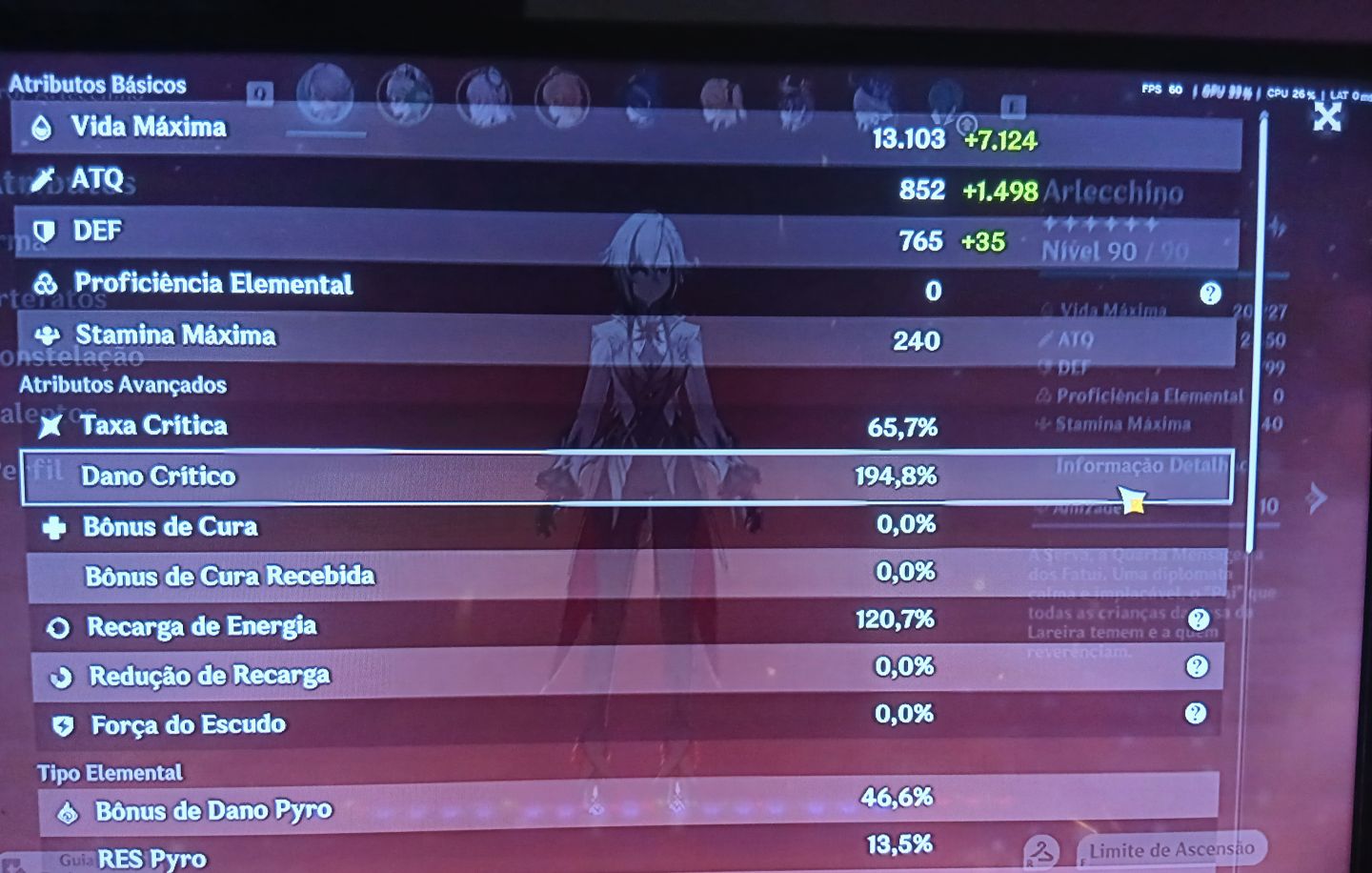Conta Genshin impact Arlecchino C2 Lvl 90 e mais