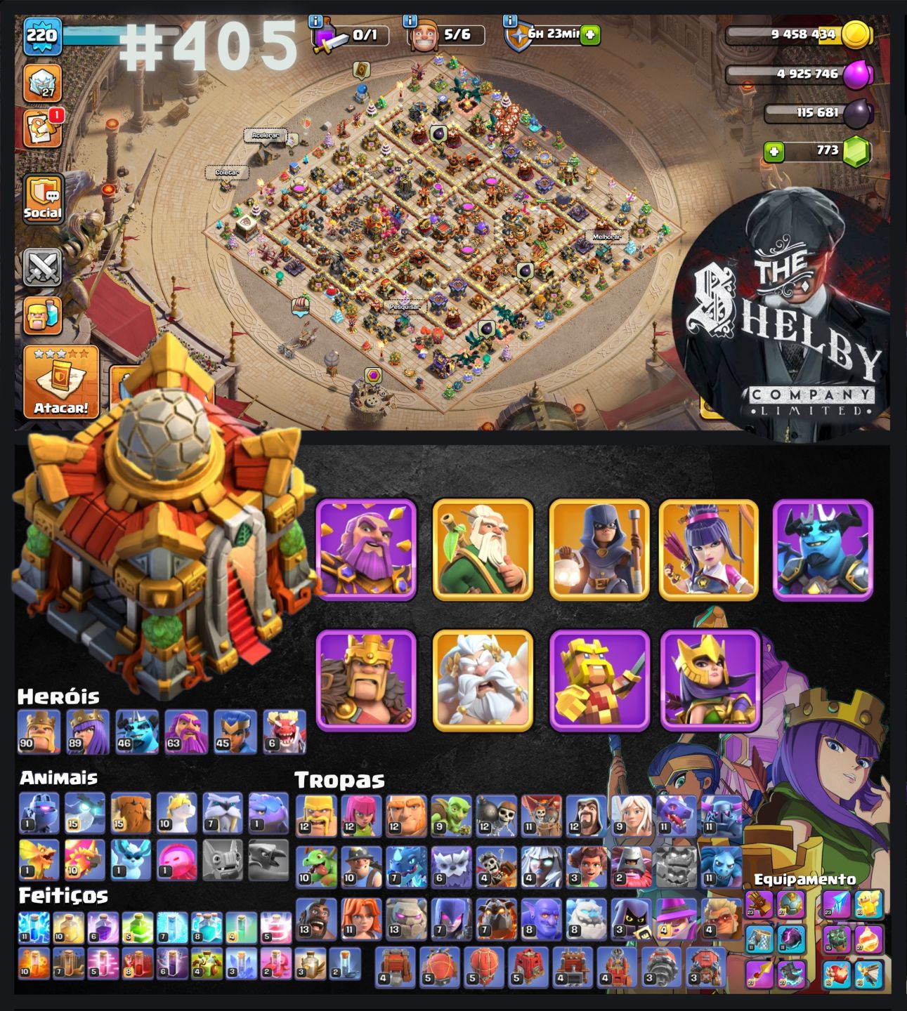 Contas de Clash of clans CV 13, 14, 15, 16, 17, 18 Com Várias Skins e Paisagens.