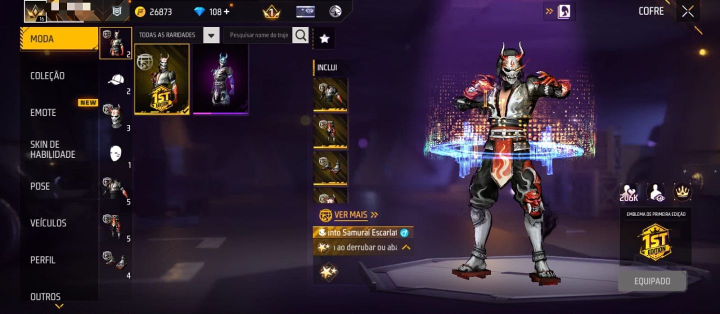 [FREE FIRE] CONTA LVL 16 | 2 CONJUNTOS SAMURAI | 108+ DIAMANTES