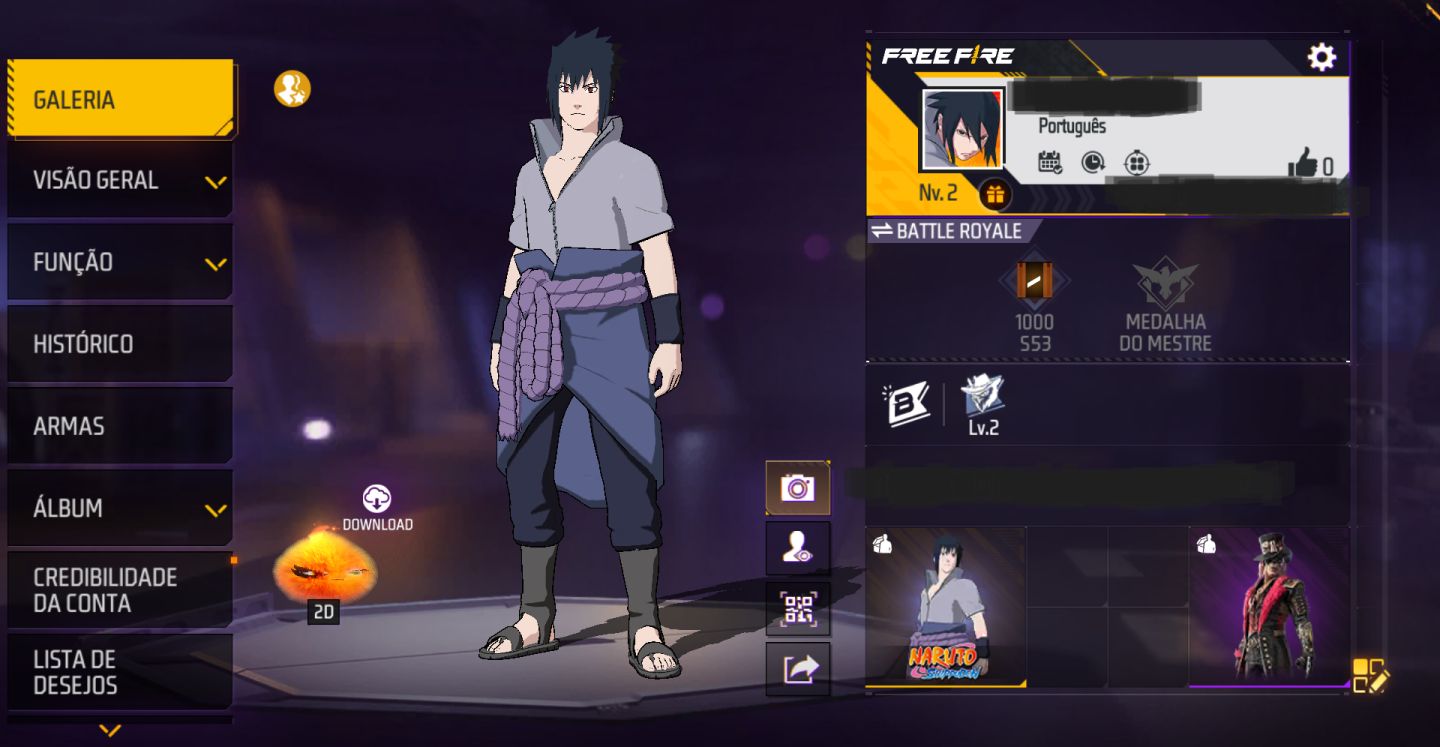 CONTA FREE FIRE BOT LV2 + CONJUNTO SASUKE + TROCA NICK