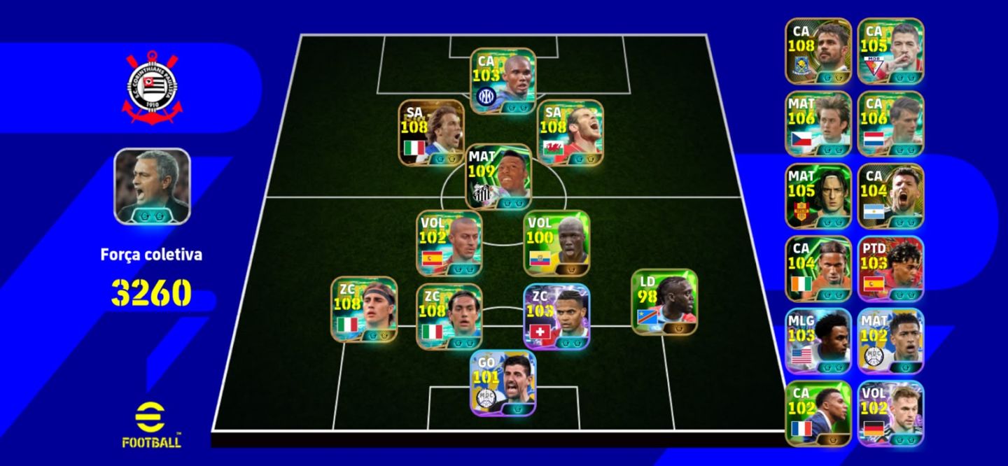 Conta de eFootball, 3260 de força. Del Pieiro 108 blitz, Pelé 109, Bale 108