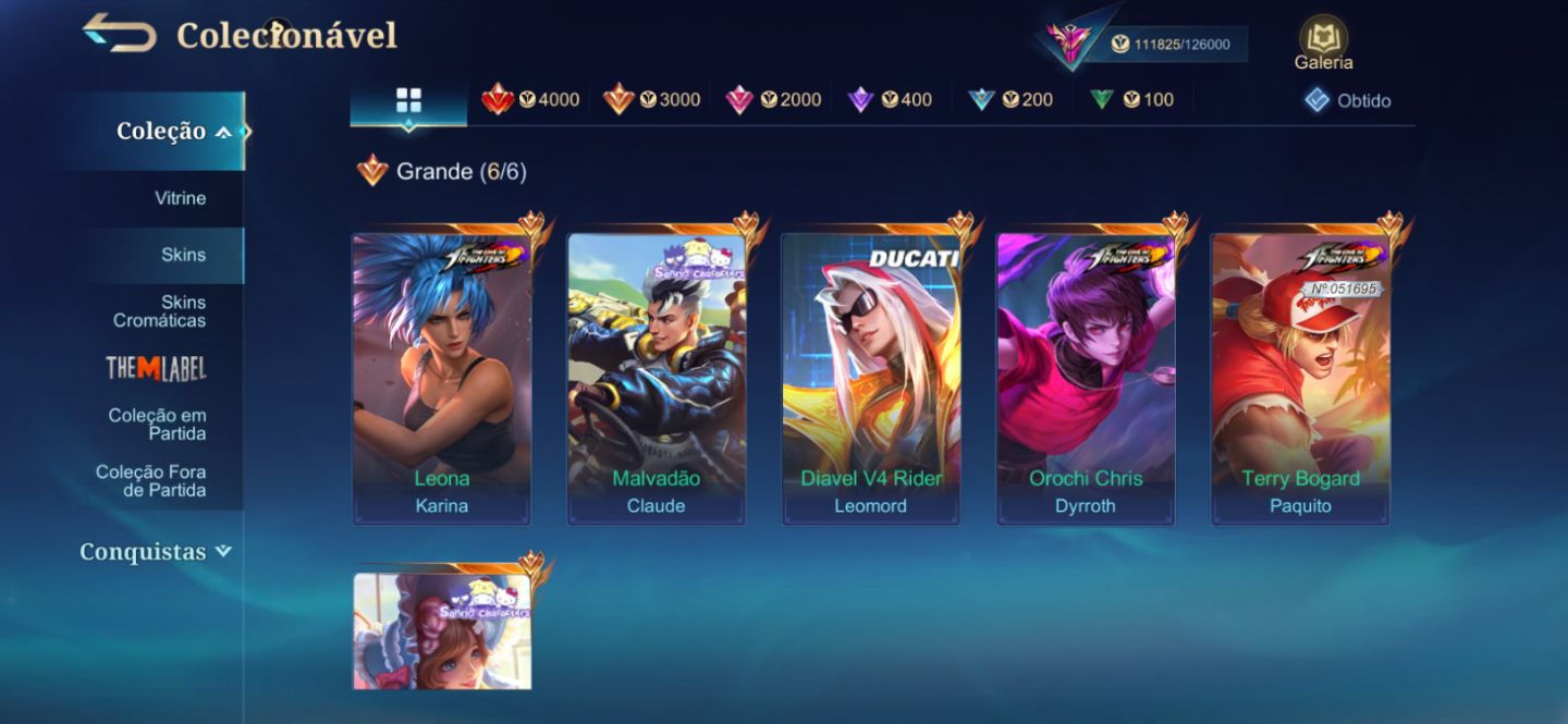 CONTA MLBB 342 SKINS IMORTAL | LEGEND, COLLECTOR, KOF, DUCATI, SANRIO