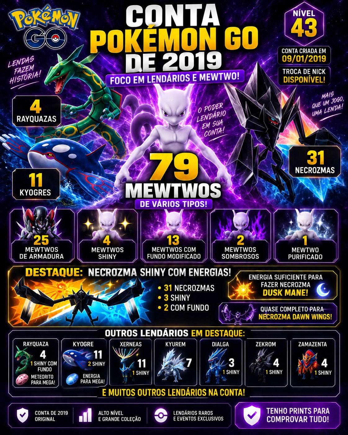 CONTA POKÉMON GO DE 2019 79 MEWTWOS + LENDÁRIOS