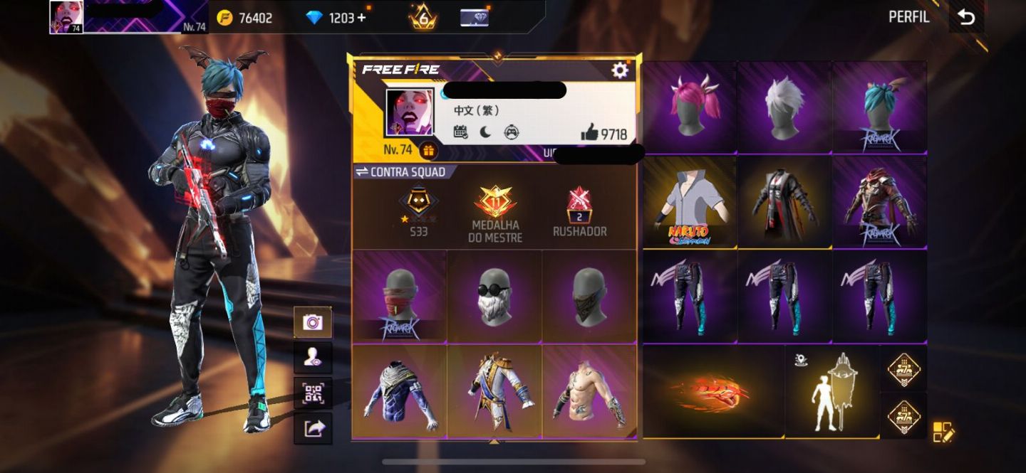 Conta free fire super gemada level 74 9700+ likes, ragnarok, punho, angelical