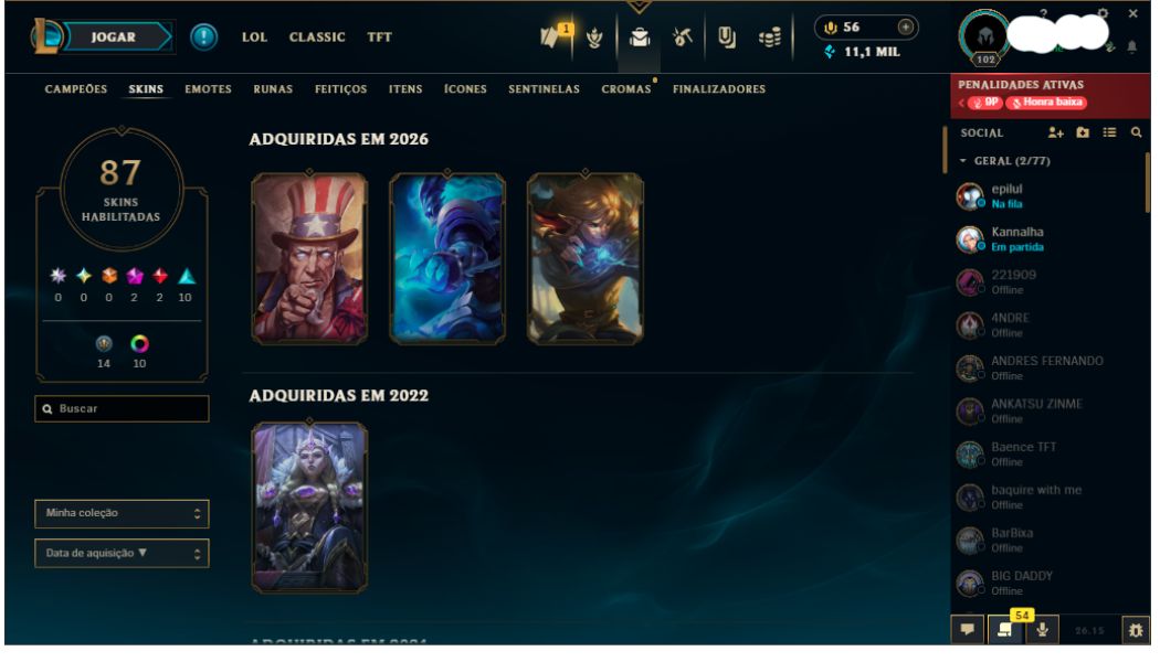 Conta LoL BR | Ouro IV 60% WR | MMR Alto | Honra 4 | Full Acesso | 87 Skins