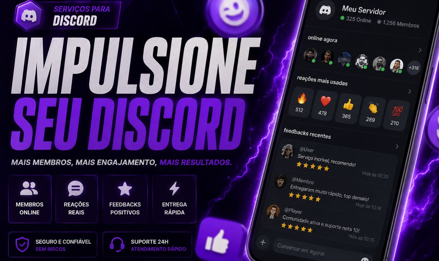 Impulsionamento Discord | Membros, Reaçoes, comentarios e feedbackss