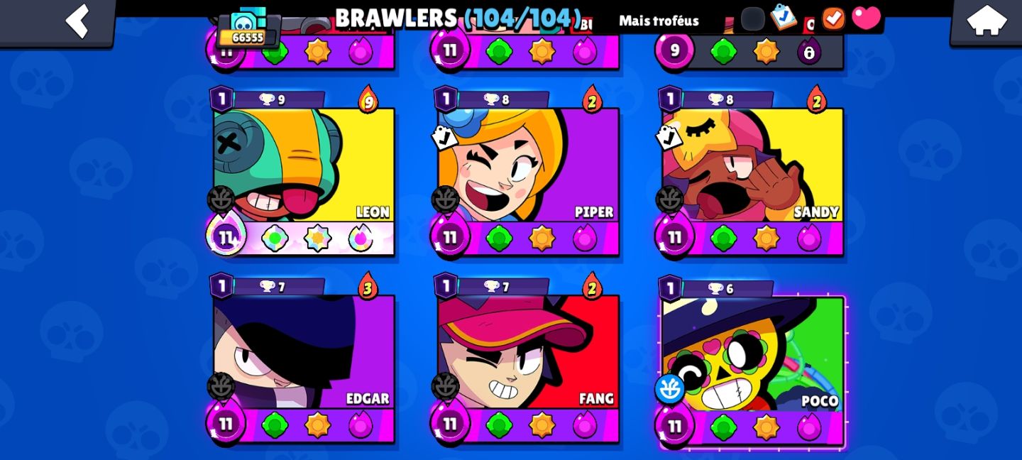 Conta brawl stars 66k , 104/104 brawlers, 40 brawlers full upados,7 passes 40p