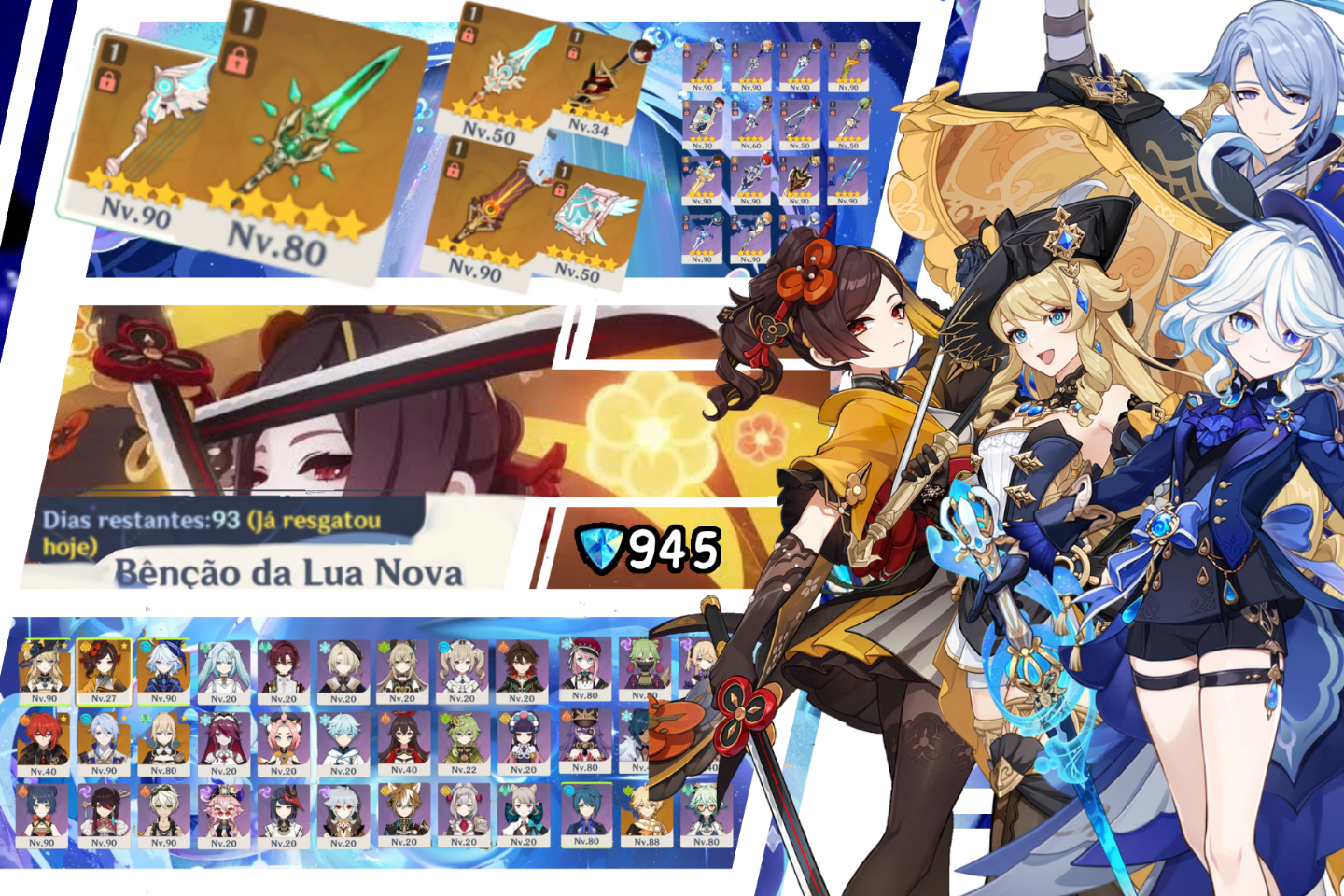 Promoção conta genshin impact Furina c3 + navia 2 passes e +90 dias de benção