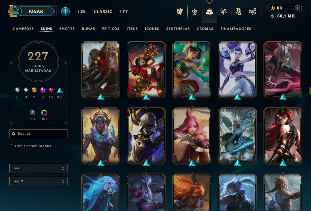 Conta LOL mmr mestre (caiu pra d1 por inatividade) lvl 429, 227 skins