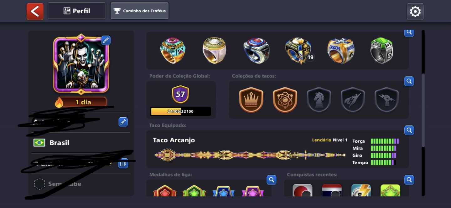 Conta 8 Ball Pool Nível 170 | Todos os Tacos Lendários + 3 Tacos Full de Evento