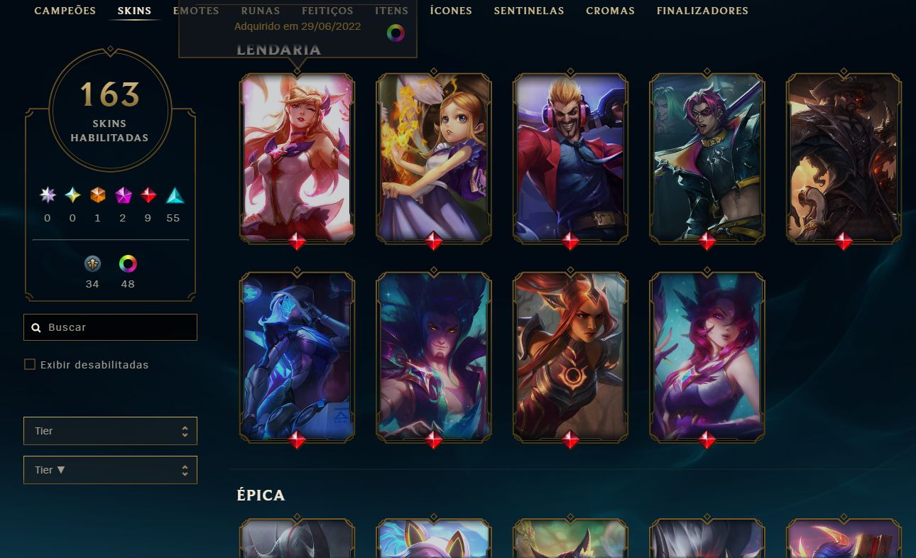 Conta League Of Legends 163 Skins/Ultimo elo platina/pode Troca a Senha e email