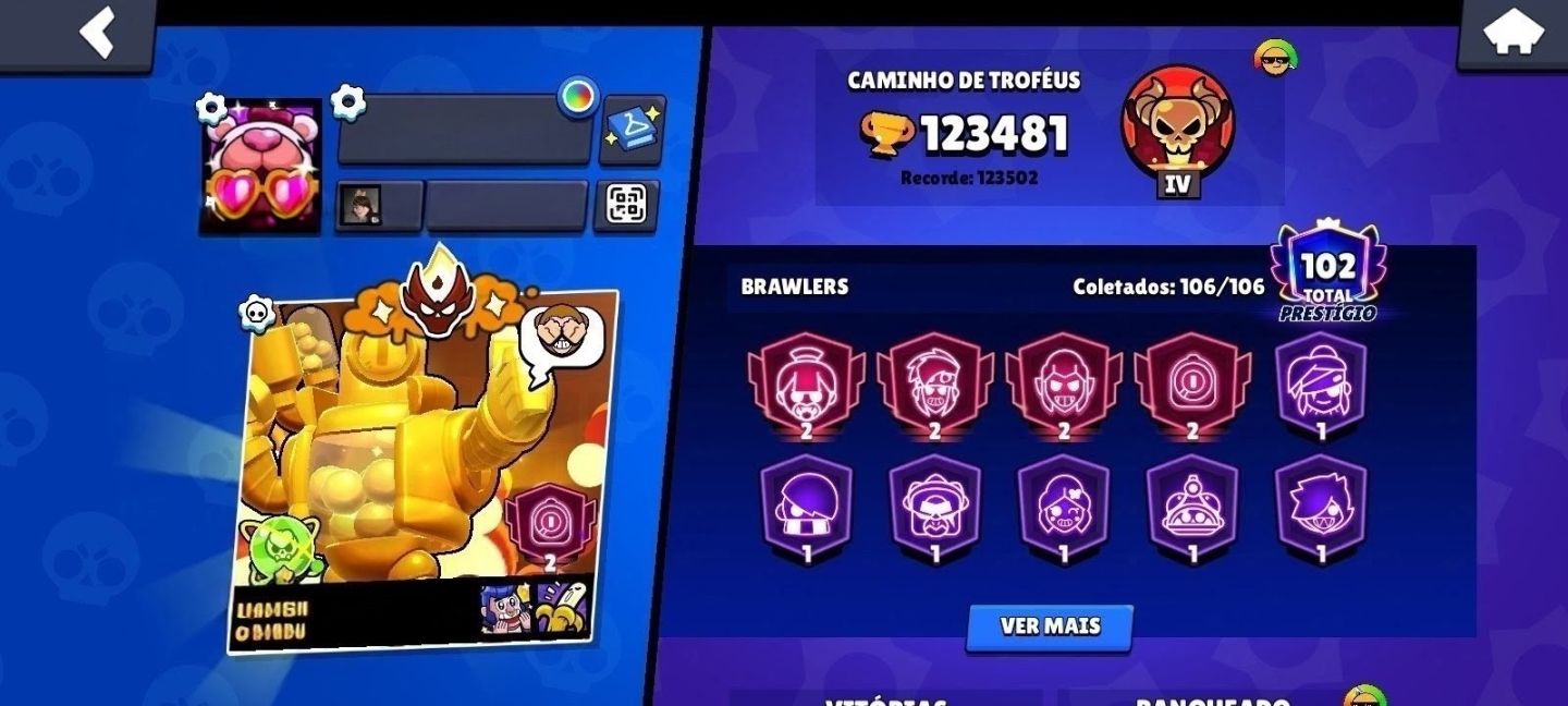Conta de brawl stars com mais de 120k de trofeus, 500 skins, e mestre 2020