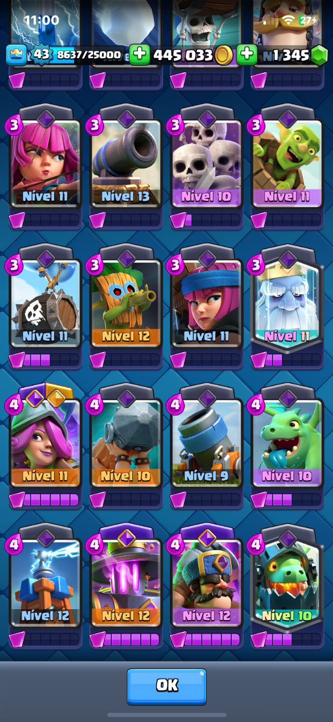 Clash Royale Nível 43 | 121/121 Cartas | 1345 Gemas | 9 Evoluções | Conta Forte