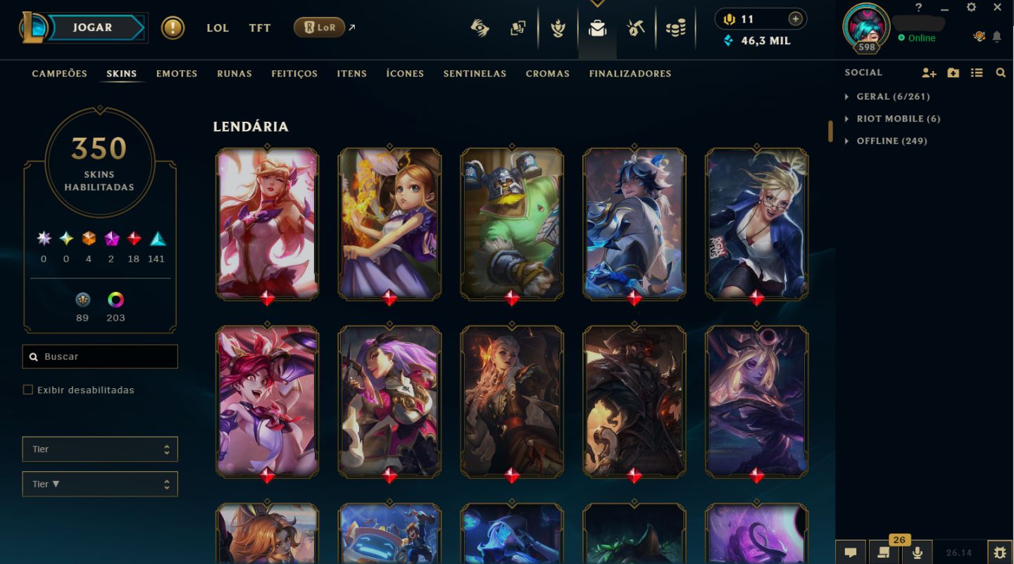 CONTA DE 2015 - 350 SKINS / MMR ESMERALDA I / 203 CROMAS / HONRA 5 /