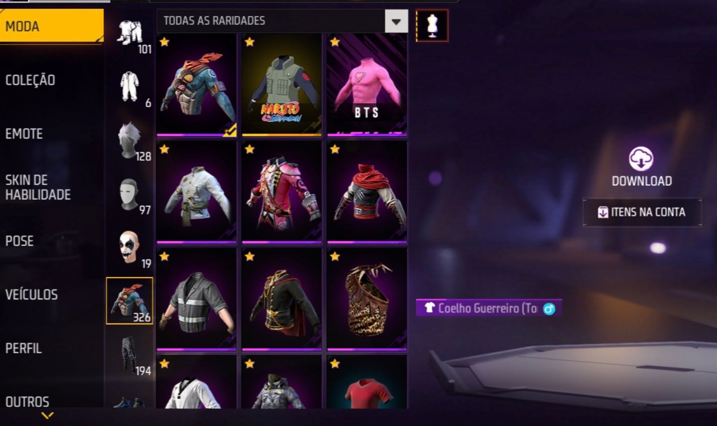 CONTA DE FF BRABA COM VARIAS SKINS