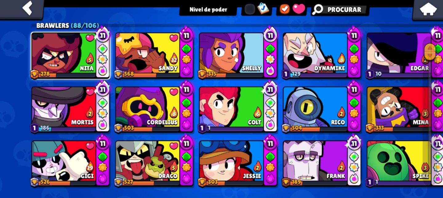 Conta de Brawl Stars gemada com 86 brawlers