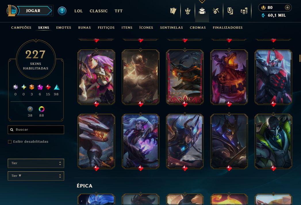 Conta LOL mmr mestre (caiu pra d1 por inatividade) lvl 429, 227 skins