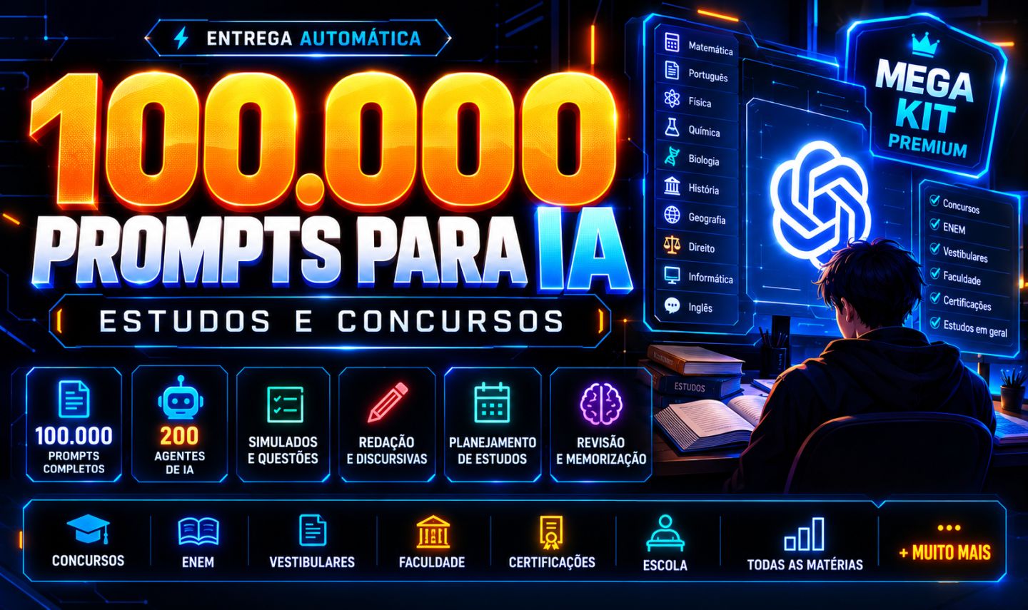 100.000 Prompts IA para Estudos e Concursos + 200 Agentes | ENEM