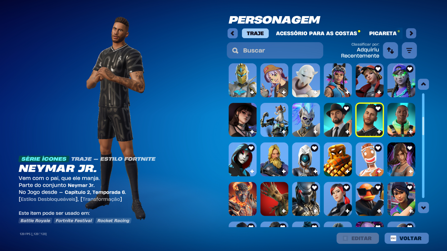 Conta de Fortnite com picareta do kratos entre outras skins e picaretas