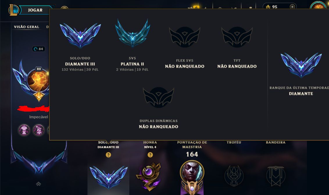Conta Diamante 3 56 lp 60% de winrate League of Legends