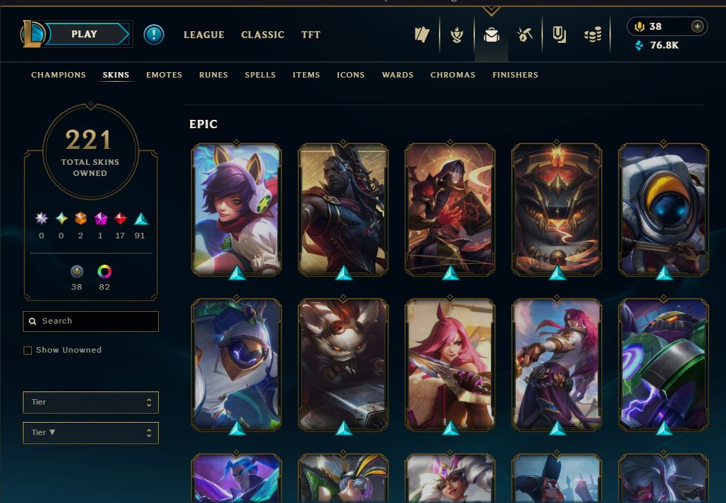 CONTA LOL 221 skins, 2 ultimates (DJ Sona e Ezreal Pulsefire) e 17 lendarias