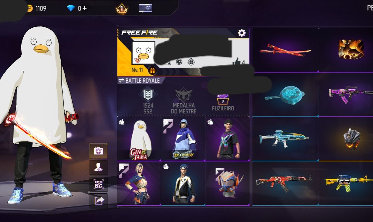 CONTA FREE FIRE NIVEL 11 + SKIN ELISABETH (GINTAMA) + 4 SKINS + GELO + KATANA