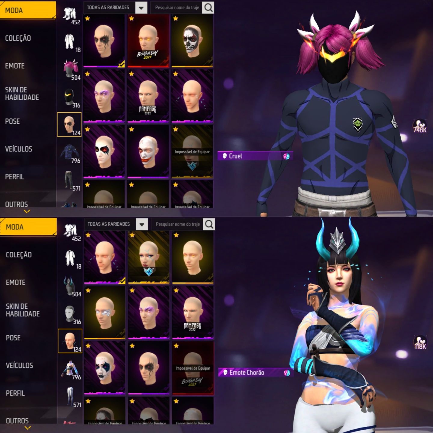 CONTA FREE FIRE FEMININA E MASCULINA, FOCO NO FEMININO