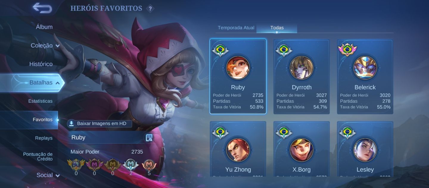 Conta mlbb 6Anos 222skins 111 star único dono wr medianos Full emblemas e herois