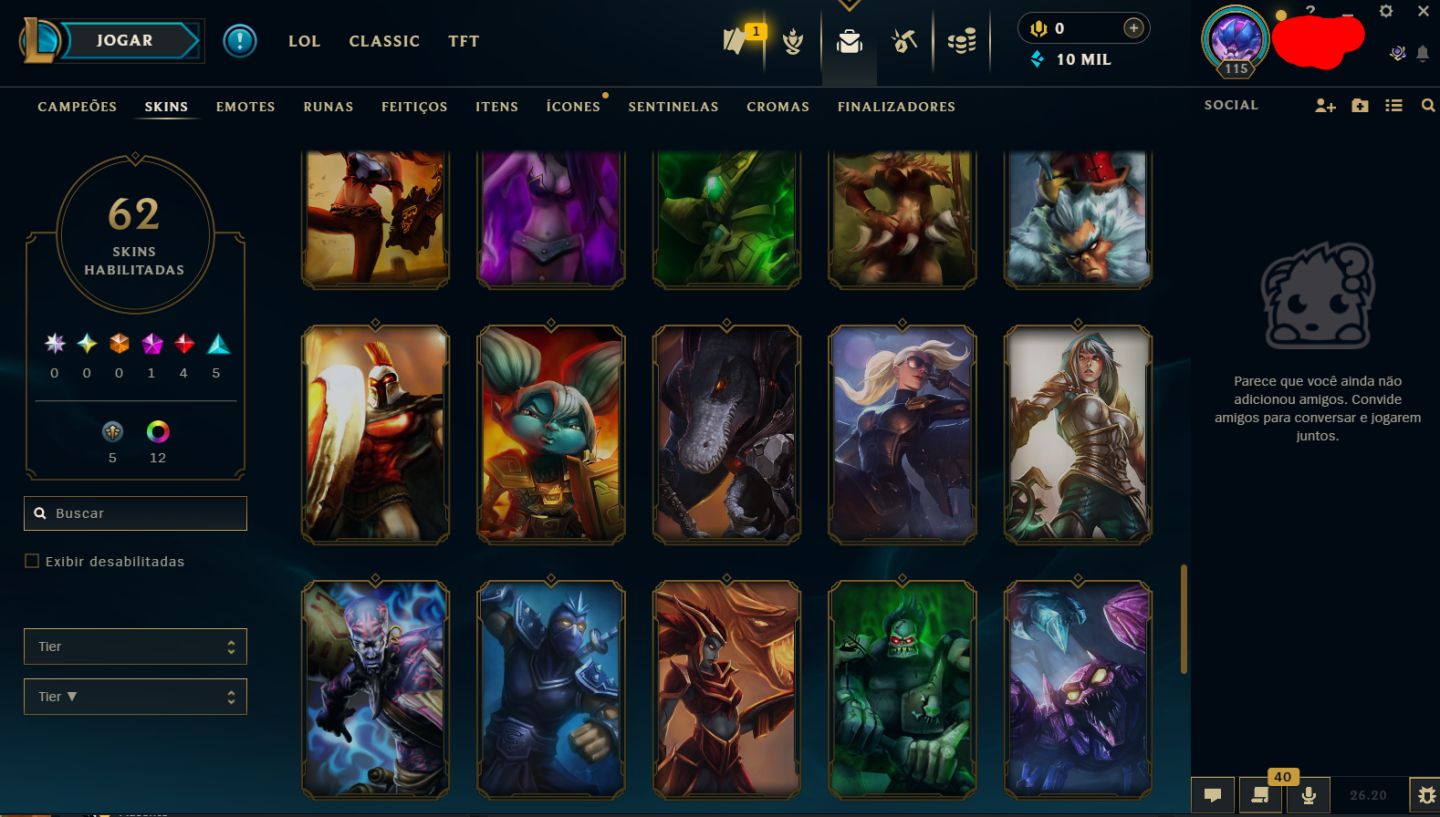 Conta Unranked, full acesso, 76 campeões, 20 skins, 4 lendárias, 3 vitoriosas