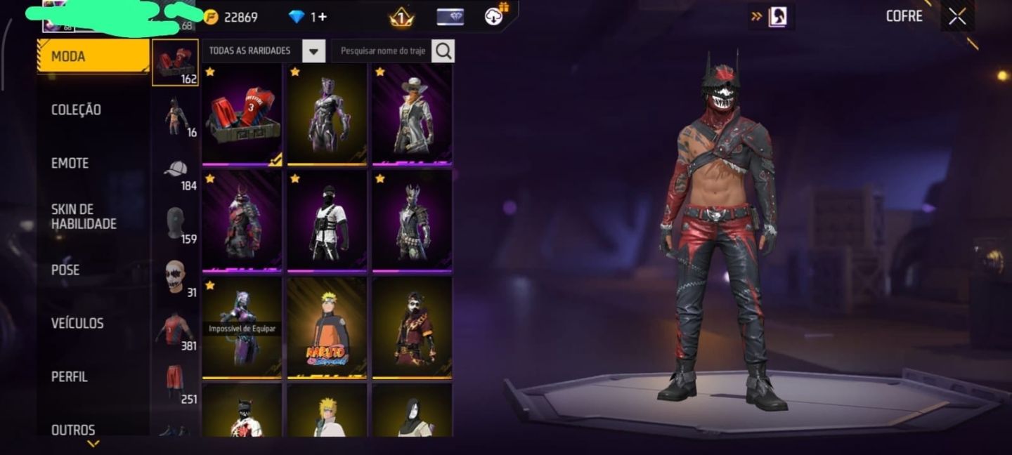 CONTA DE 8 ANOS DE FREE FIRE LVL 68 | NARUTO | +160 EMOTES | PUNHO SOBERANO |