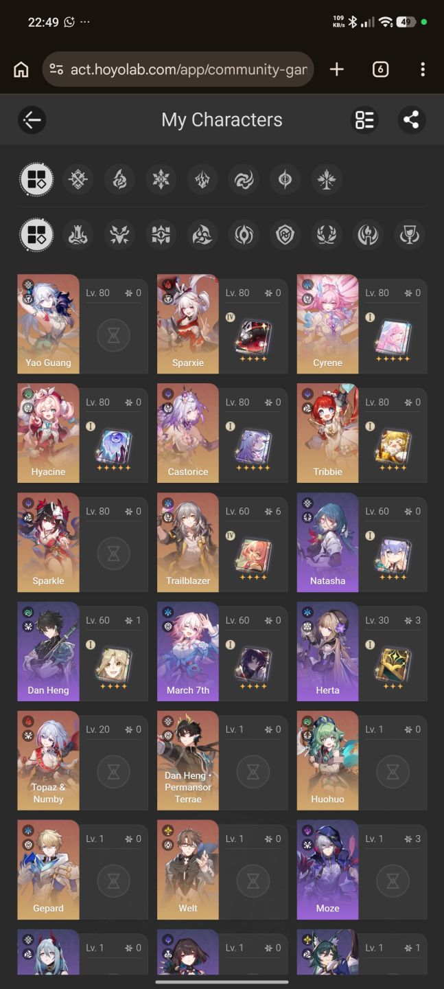 Conta de honkai com duas accs(sparxie, yao guang, cyrene+cone+Castorice+cone+++
