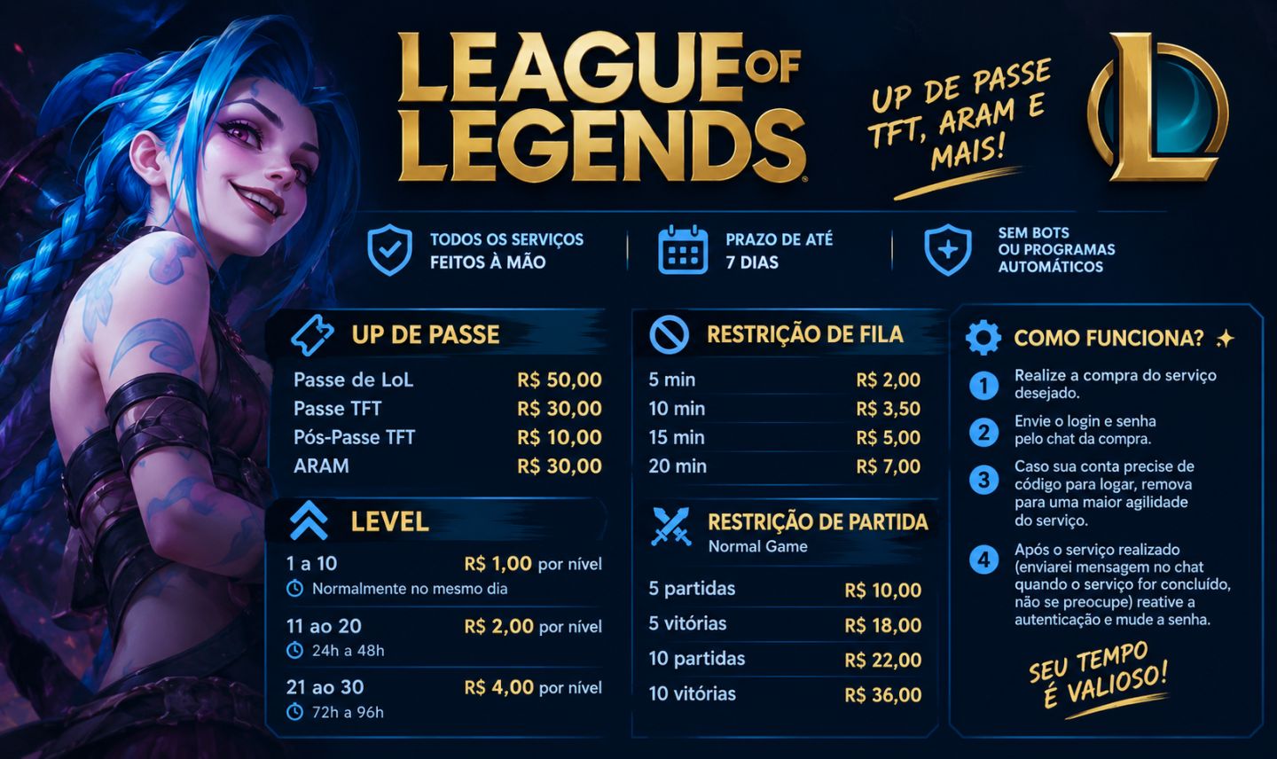 SERVIÇOS DE LEAGUE OF LEGENDS UP DE PASSE, TFT, ARAM E RESTRIÇÕES